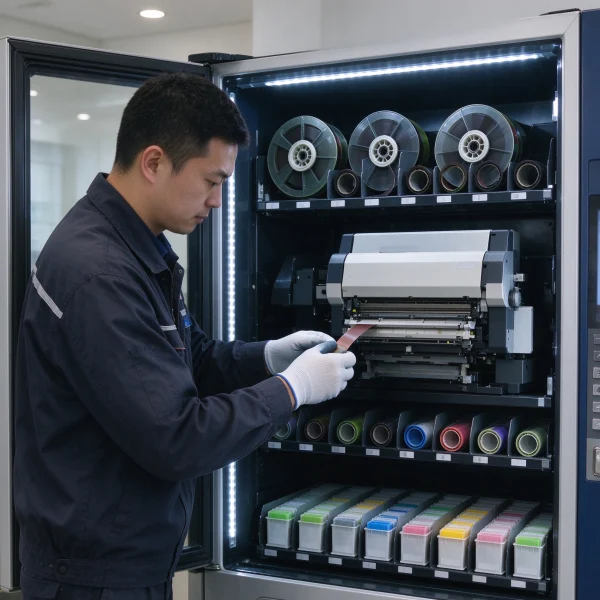 A maintenance technician refilling ribbon inside an open photo puzzle vending machine