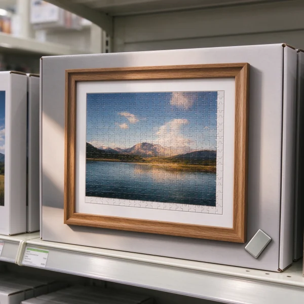 A boxed photo puzzle with a wooden frame and a small magnet displayed on a shelf