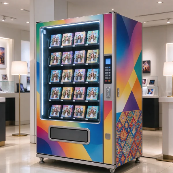 VendingCore photo puzzle vending machine with colorful custom body panel in a showroom