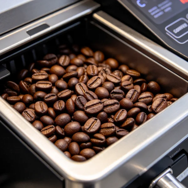 Bean hopper filled with roasted coffee beans