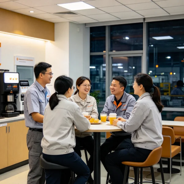 Night shift workers in factory break room
