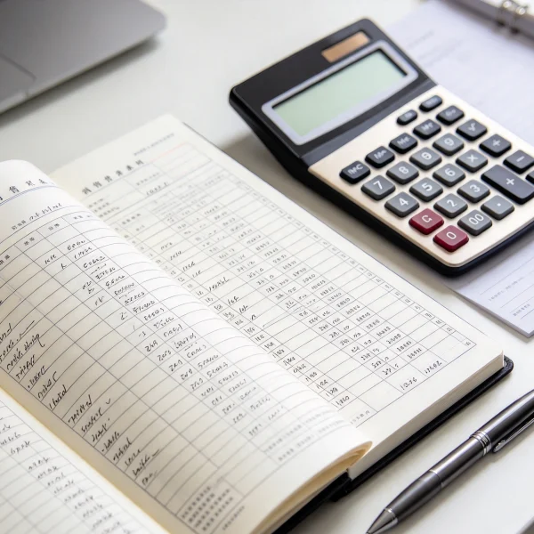 Notebook with daily vending sales figures and calculator