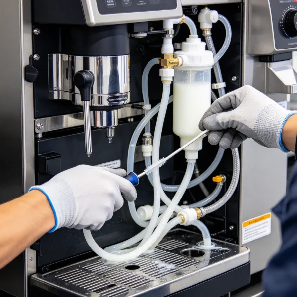 Technician cleaning vending machine milk line with brush
