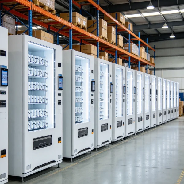 Row of refurbished vending machines lined up in a warehouse