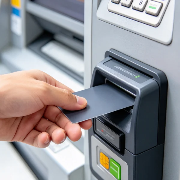 Hand tapping a contactless bank card on a vending machine reader