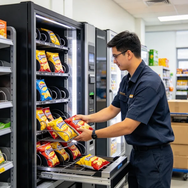 Operator restocking snack coils with bags of chips
