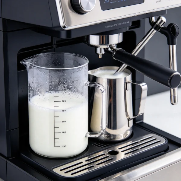 Refrigerated milk carafe with frothing wand inside coffee machine