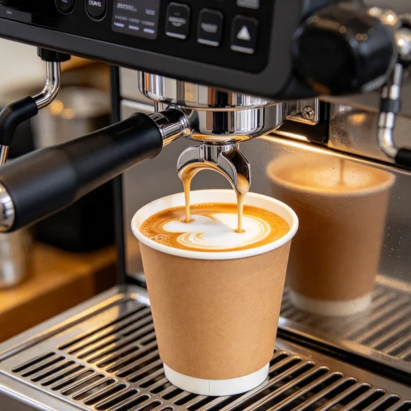 Cappuccino in a paper cup under the coffee dispenser