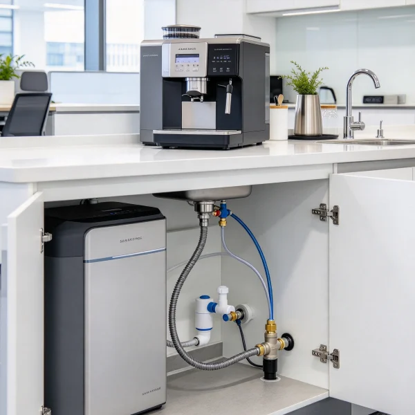 Coffee machine plumbed into a water line under an office counter