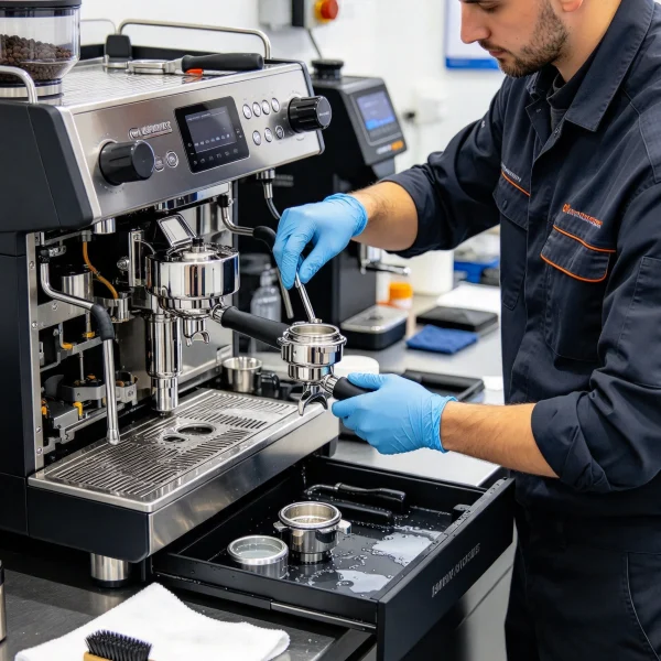 Technician cleaning the brew unit of a coffee machine