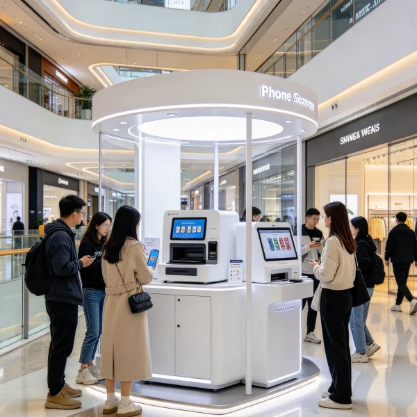 Mall kiosk with case printer and customers