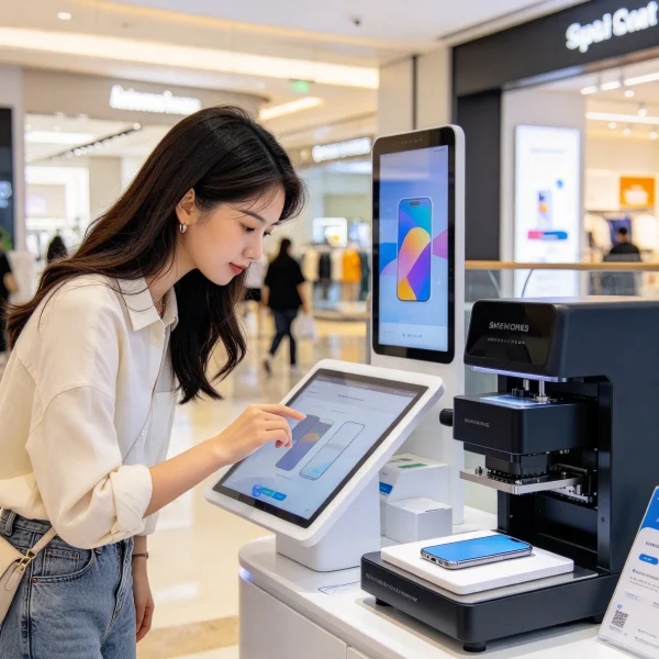Customer at kiosk screen watching printer