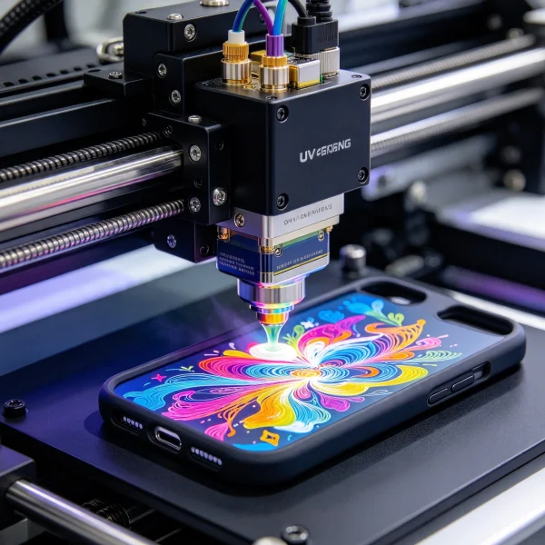 UV print head printing a phone case