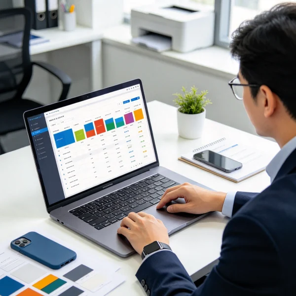 Buyer checking supplier list on laptop