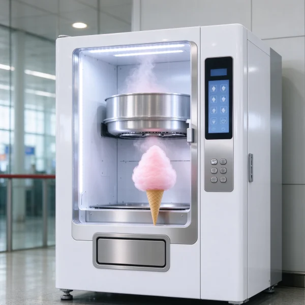 Automated cotton candy vending machine with a fresh pink cone at the hatch
