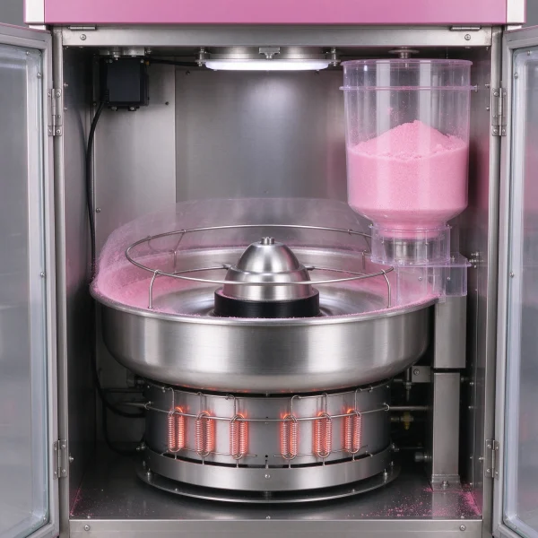 Open machine cabinet showing a stainless steel spinner head and sugar hopper
