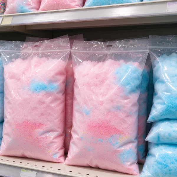 Bags of pink and blue cotton candy sugar mix stacked on a shelf