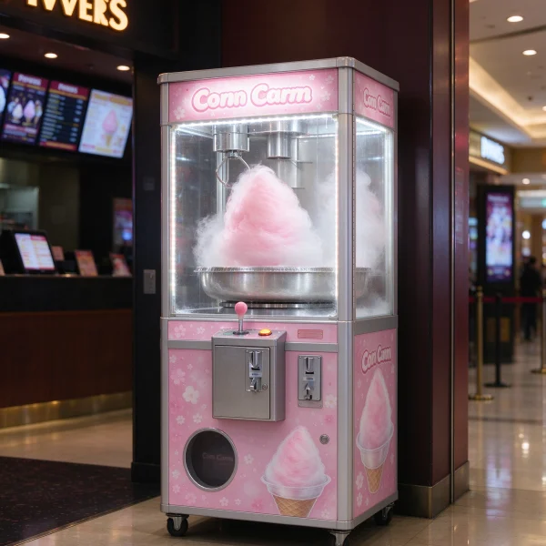 Cotton candy vending machine outside a movie theater entrance in a mall
