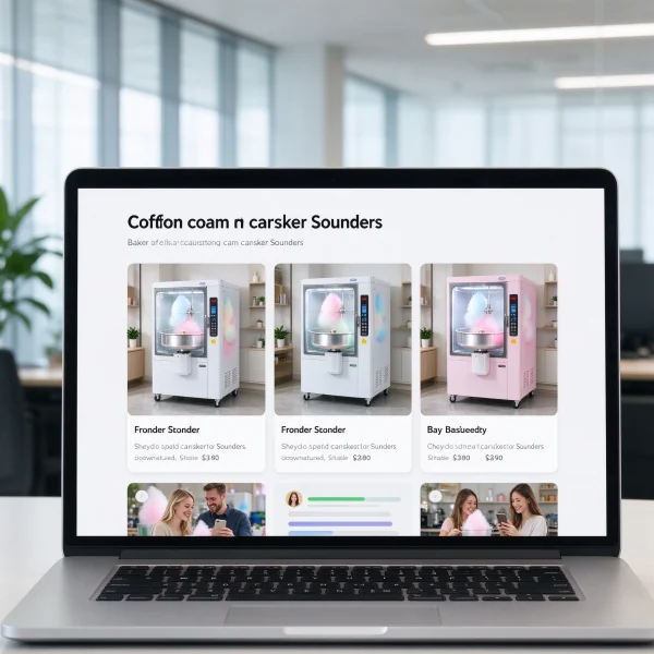 Laptop screen showing cotton candy vending machine suppliers and buyer reviews