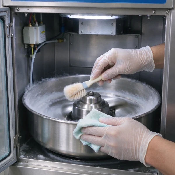 Person wearing gloves cleaning the spinner head of an open vending machine