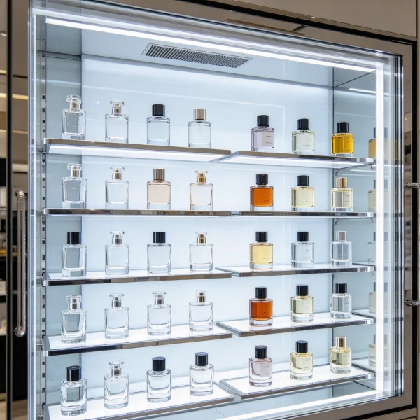 Glass vending cabinet filled with rows of small perfume bottles