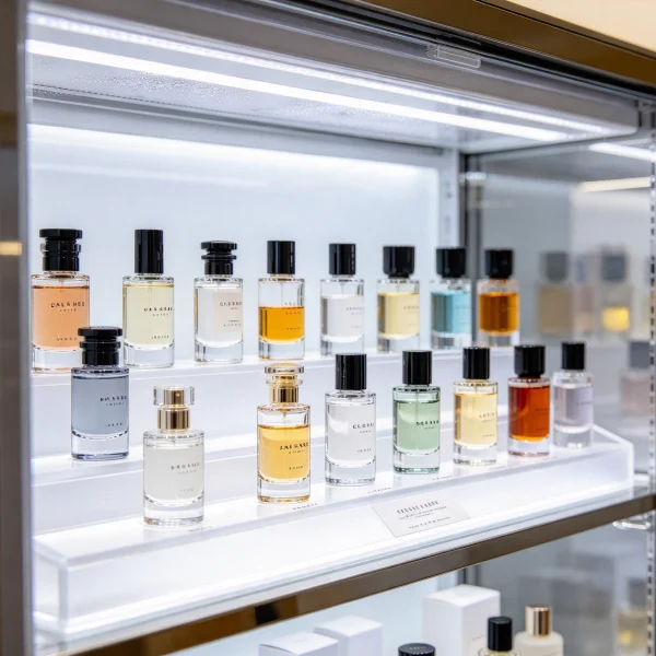 Vending machine dropping a small perfume box into collection slot