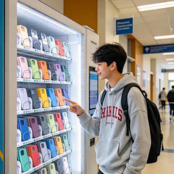 student pointing at a phone case kiosk