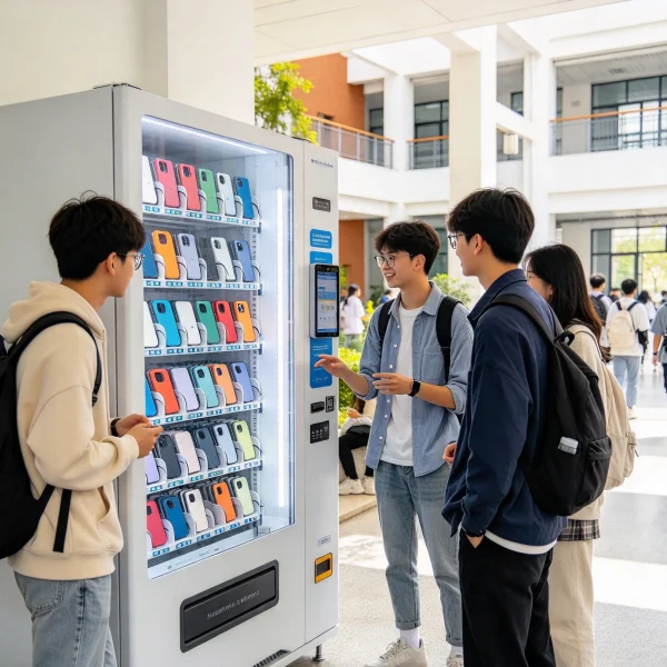 students clustered around a phone case kiosk