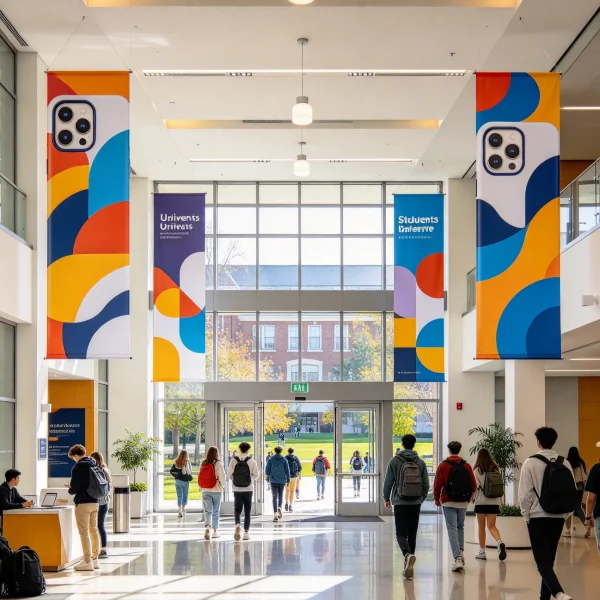 student union entrance with custom phone case banners