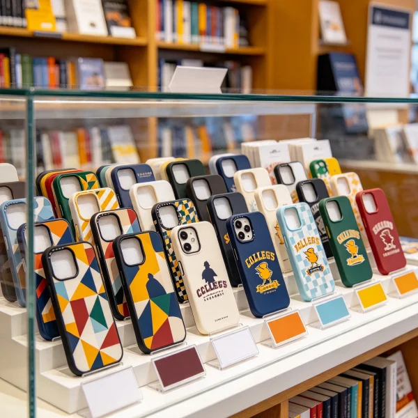 display counter with printed cases and price tags
