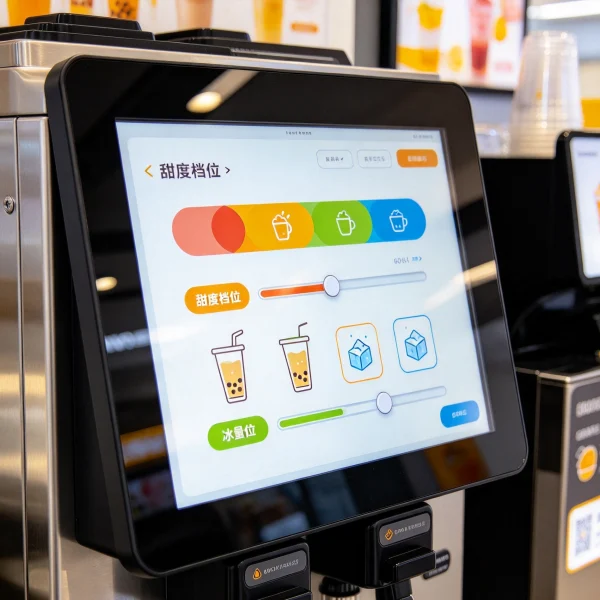 Close-up of a bubble tea machine touch screen showing sugar and ice level options