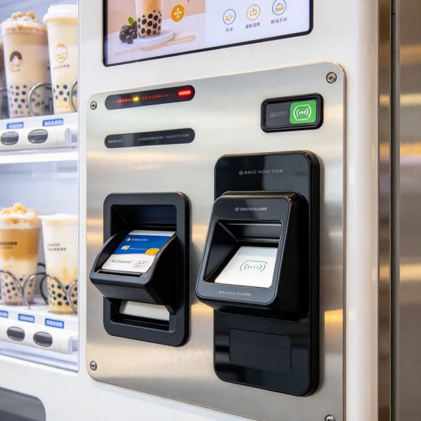 Card reader and QR scanner mounted on a vending machine front panel