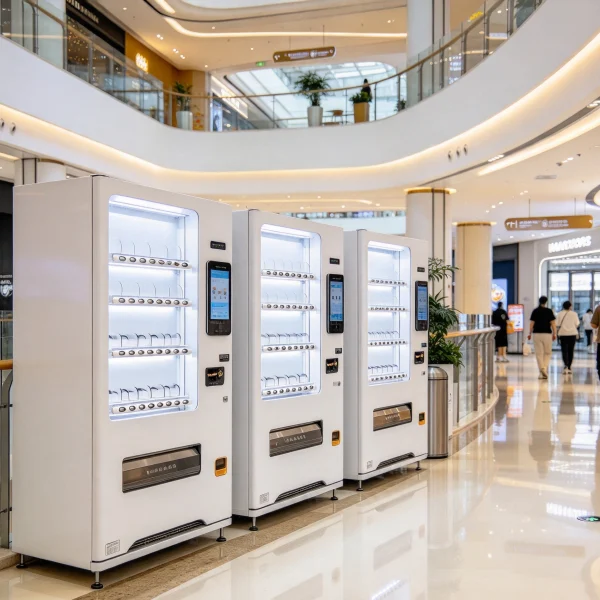 Three bubble tea vending machines lined up along a shopping mall corridor