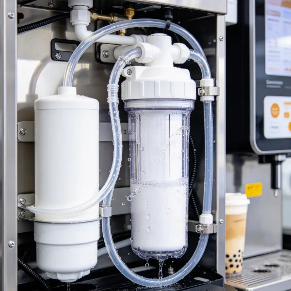 Water filter cartridge and clear tubing inside a beverage vending machine