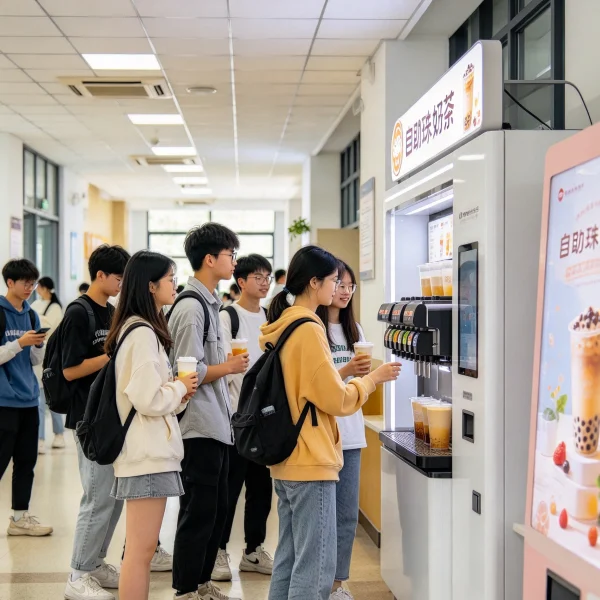 Students queueing at a self-serve bubble tea kiosk on a university campus
