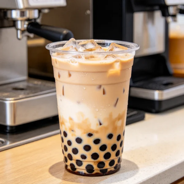 Freshly made bubble tea in a clear cup with tapioca pearls on a counter