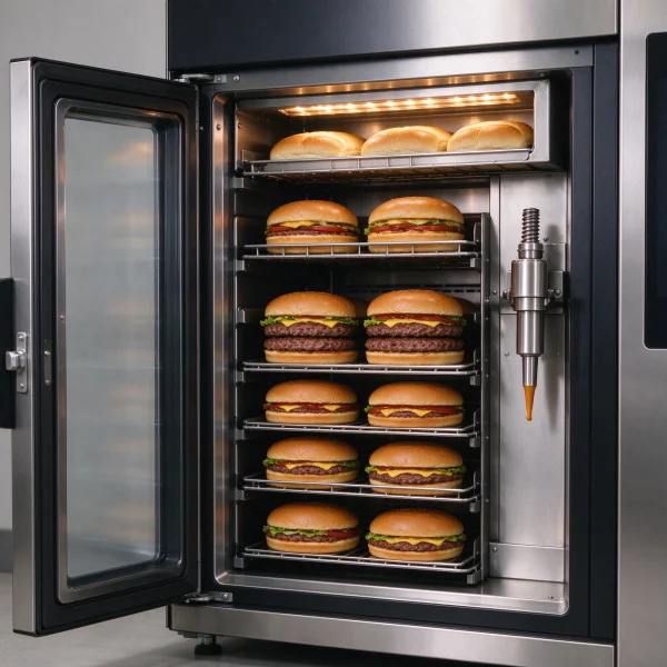 Open burger vending machine cabinet showing stacked patty trays, sauce nozzle, bun warmer