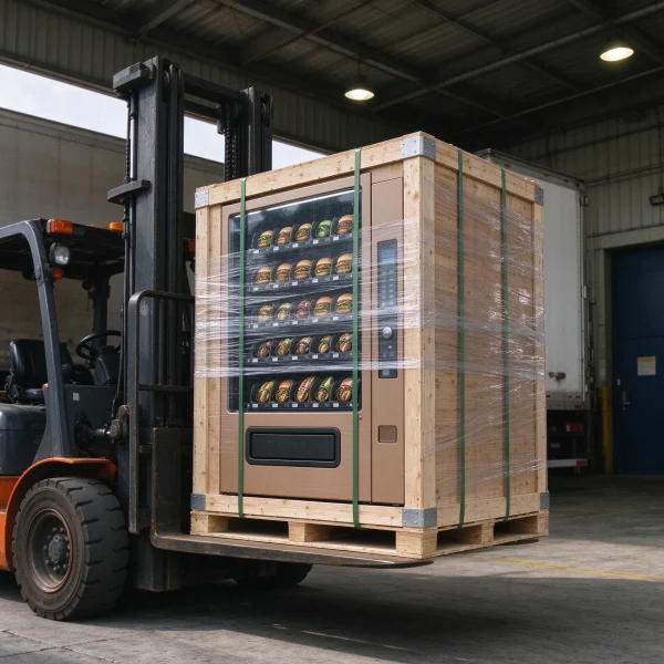Forklift moving a large burger vending machine crate into a loading dock