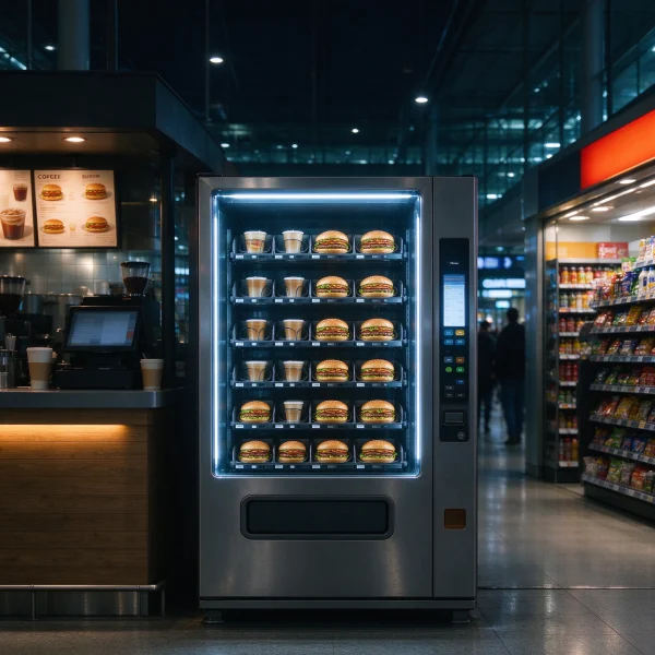 Glowing burger vending machine between a coffee kiosk and convenience store at a night transit hub
