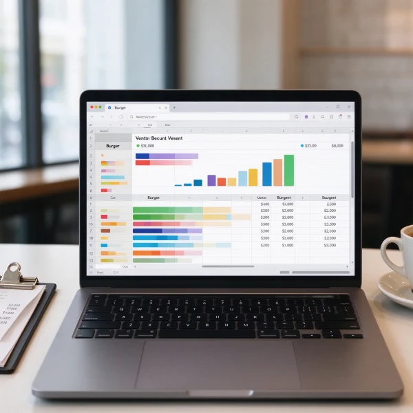 Laptop screen showing monthly revenue and cost spreadsheet for a burger vending machine
