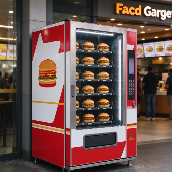 Brand-wrapped burger vending machine with custom logo panel outside a food court