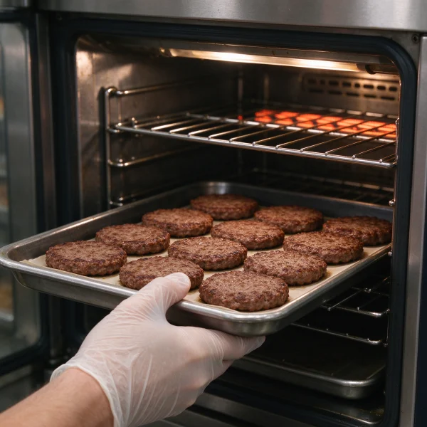 Gloved hand loading a tray of burger patties into a vending machine shelf