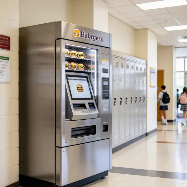 stainless steel burger vending machine with touchscreen in a campus hallway
