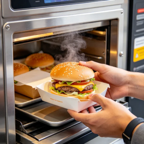 hands lifting a hot burger from the machine delivery slot