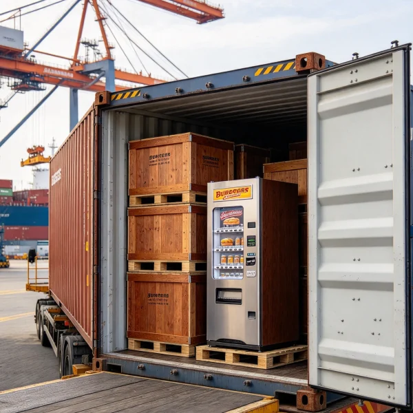 shipping container with crated vending machines being loaded at a port