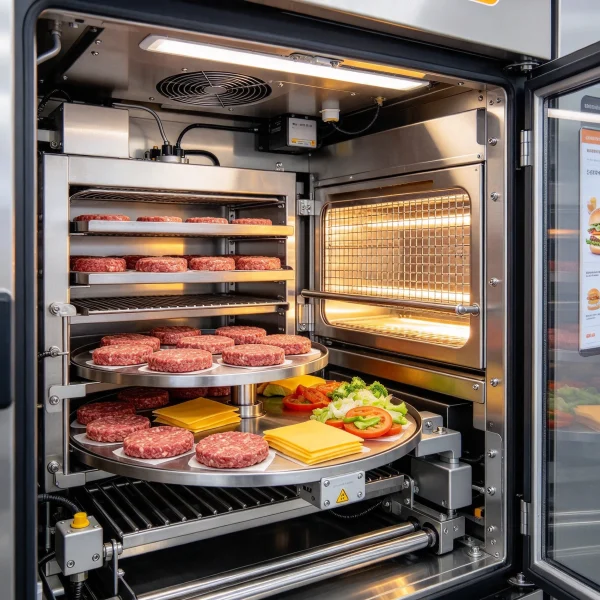 open vending machine showing refrigerated patty carousel and convection oven