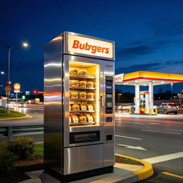 burger vending machine glowing beside a highway gas station at night