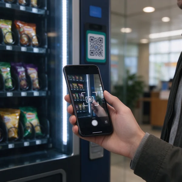A person scanning a QR code on a vending machine with their phone