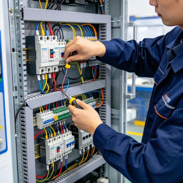 Technician wiring the controller inside a vending machine cabinet