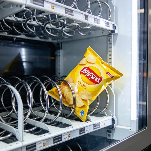 Bag of chips wedged in a vending machine coil
